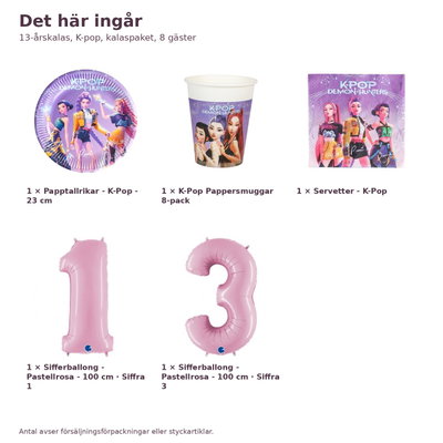 13-årskalas, K-pop, kalaspaket, 8 gäster – innehåll och antal, sifferballong 100 cm