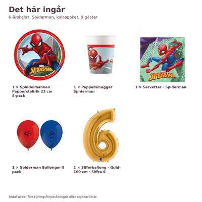 6-årskalas, Spiderman, kalaspaket, 8 gäster – innehåll och antal, sifferballong 100 cm