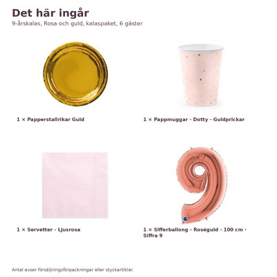 9-årskalas, Rosa och guld, kalaspaket, 6 gäster – innehåll och antal, sifferballong 100 cm