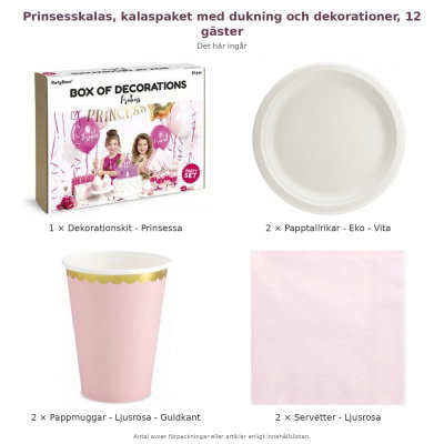 Prinsesskalas, kalaspaket med dukning och dekorationer, 12 gäster – innehåll och antal förpackningar