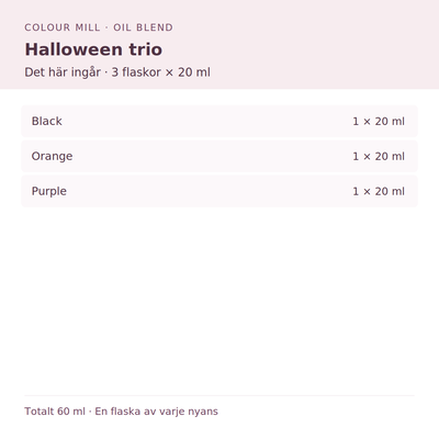 Paketinnehåll: 1 × Black 20 ml, 1 × Orange 20 ml, 1 × Purple 20 ml