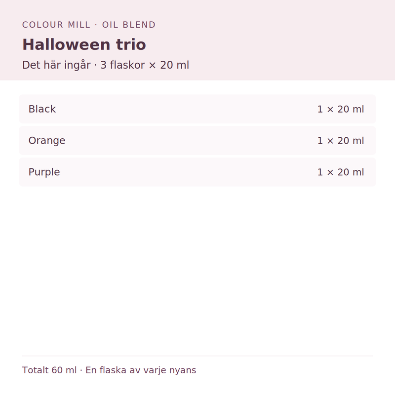 Paketinnehåll: 1 × Black 20 ml, 1 × Orange 20 ml, 1 × Purple 20 ml