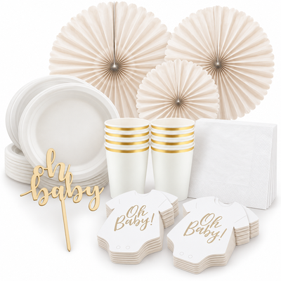 Babyshower – beige och vitt – dukning och minnen, 12 gäster – samlat paketinnehåll