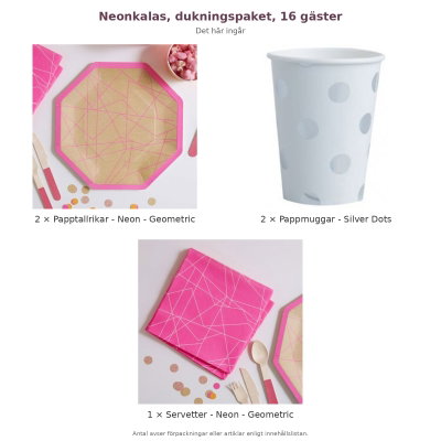Neonkalas, dukningspaket, 16 gäster – innehåll och antal förpackningar