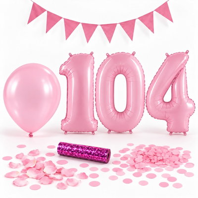104-års festpaket, Rosa, Stor – paketets dekorationer på vit bakgrund
