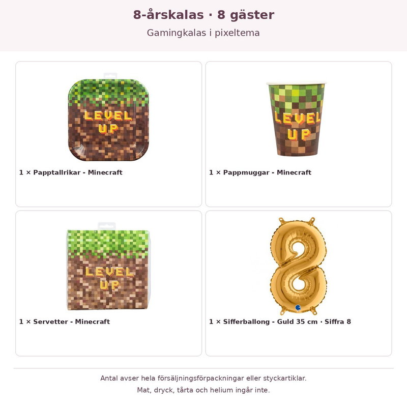 8-årskalas, Gamingkalas i pixeltema, kalaspaket, 8 gäster – innehåll och antal förpackningar