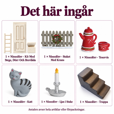 Det här ingår: Nissens teveranda – dörr, staket och liten servering