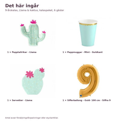9-årskalas, Llama & kaktus, kalaspaket, 6 gäster – innehåll och antal, sifferballong 100 cm