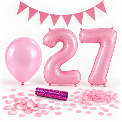 27-års festpaket, Rosa, Stor – paketets dekorationer på vit bakgrund