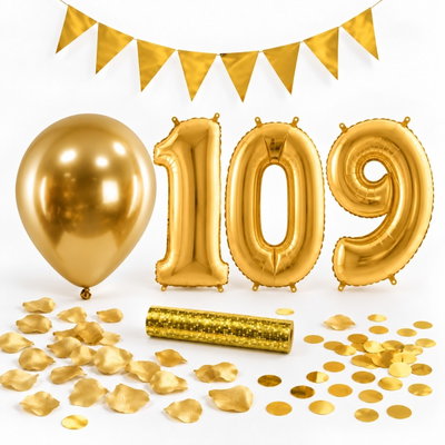 109-års festpaket, Guld, Stor – paketets dekorationer på vit bakgrund