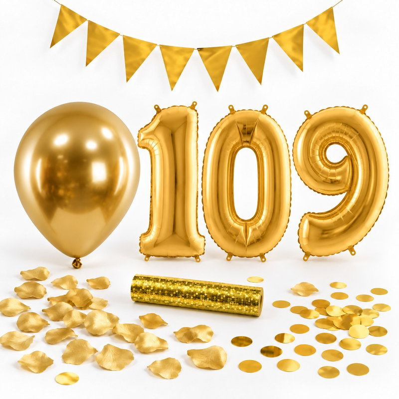 109-års festpaket, Guld, Stor – paketets dekorationer på vit bakgrund