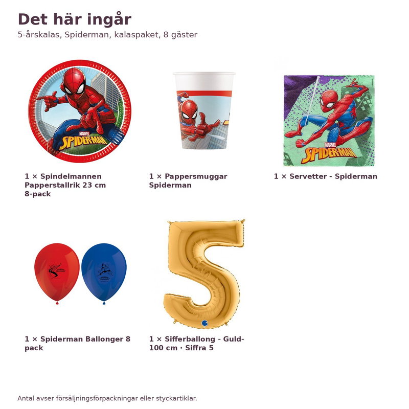 5-årskalas, Spiderman, kalaspaket, 8 gäster – innehåll och antal, sifferballong 100 cm