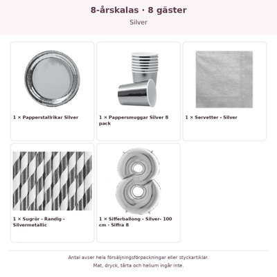 8-årskalas, Silver, kalaspaket, 8 gäster – innehåll och antal förpackningar