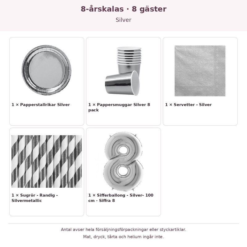8-årskalas, Silver, kalaspaket, 8 gäster – innehåll och antal förpackningar