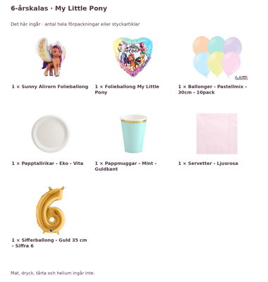 6-årskalas, My Little Pony, kalaspaket, 6 gäster – innehåll och antal förpackningar