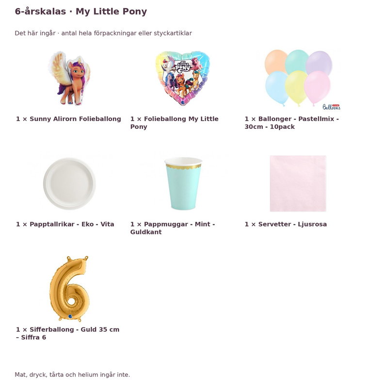 6-årskalas, My Little Pony, kalaspaket, 6 gäster – innehåll och antal förpackningar