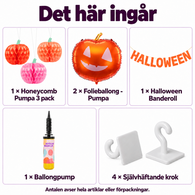 Det här ingår: Pumpavälkomnandet – tre honeycombs och Halloween-banner