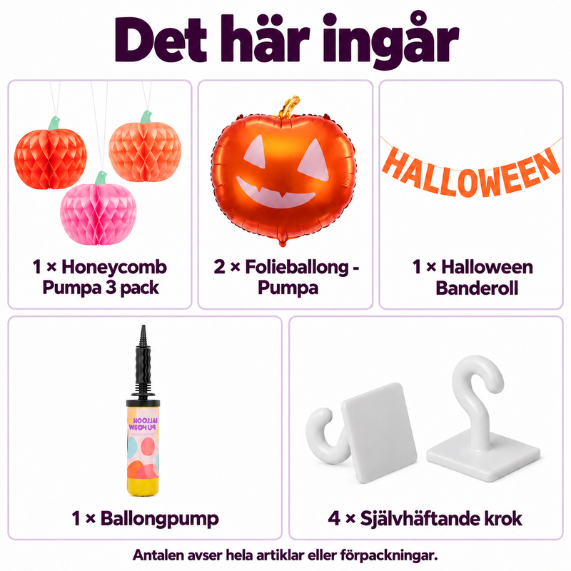 Det här ingår: Pumpavälkomnandet – tre honeycombs och Halloween-banner