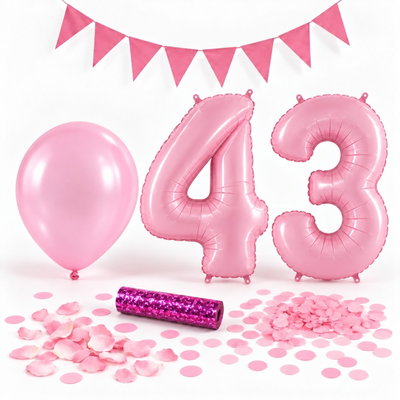 43-års festpaket, Rosa, Stor – paketets dekorationer på vit bakgrund