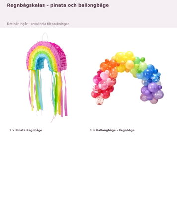 Regnbågskalas – pinata och ballongbåge – innehåll och antal
