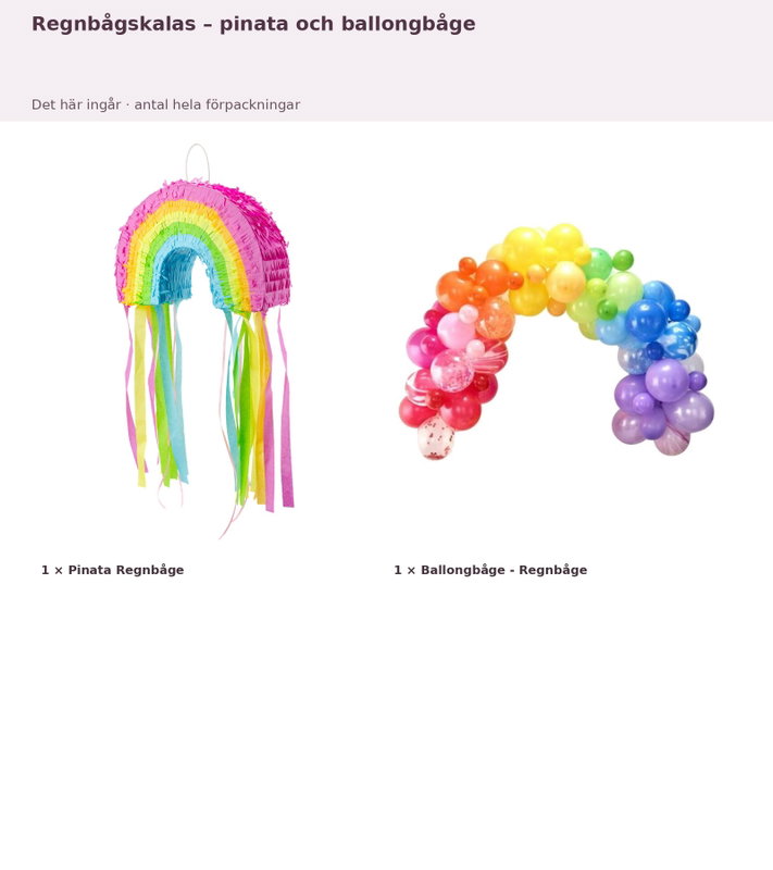 Regnbågskalas – pinata och ballongbåge – innehåll och antal