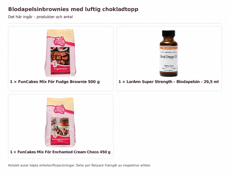 Blodapelsinbrownies med luftig chokladtopp – innehåll och antal förpackningar