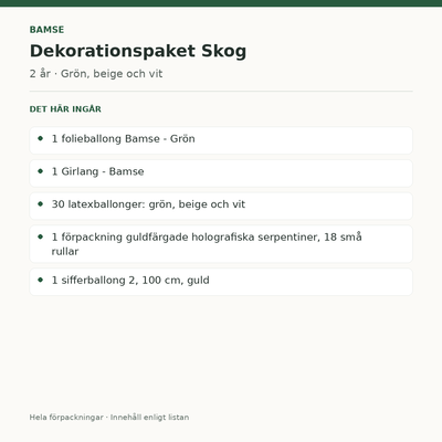 Bamse 2 år – dekorationspaket Skog – innehåll och antal
