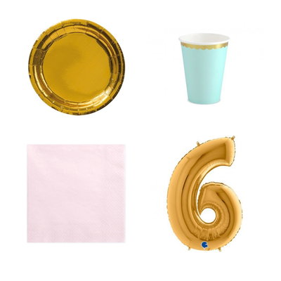 6-årskalas, Mint, rosa och guld, kalaspaket, 6 gäster – paketets produkter med sifferballong 100 cm