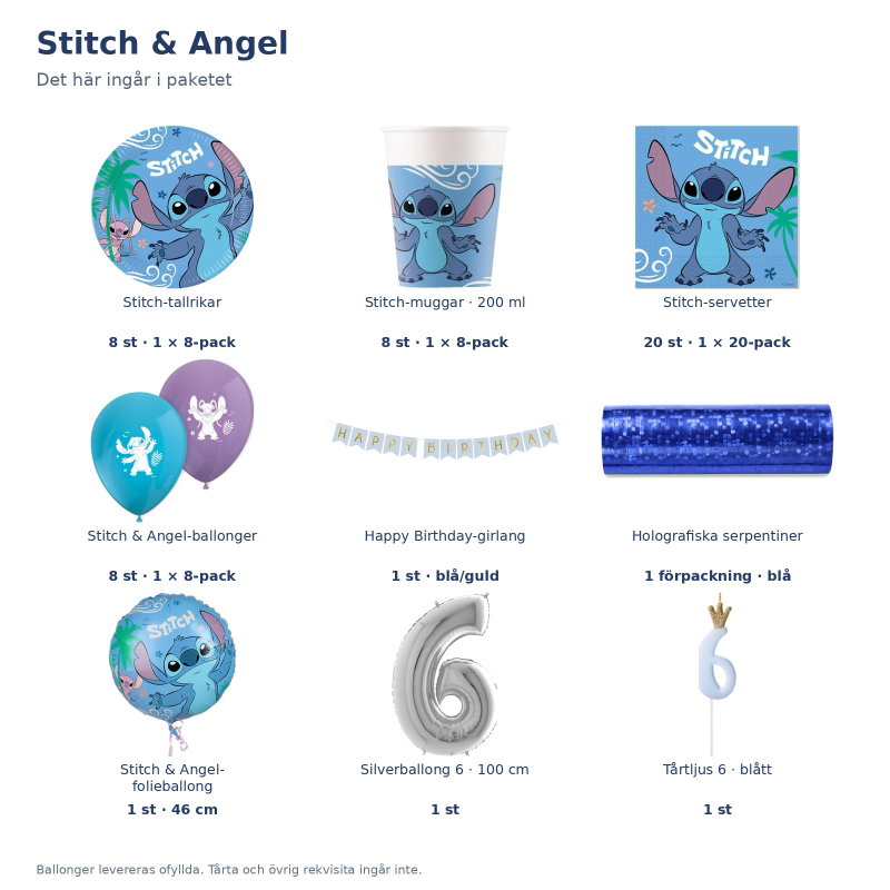 Stitch & Angel – 6-årskalas – kalaspaket för 8 gäster – innehåll och antal
