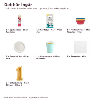 11-årskalas, Bakkalas – dekorera cupcakes, kalaspaket, 6 gäster – innehåll och antal, sifferballong 100 cm