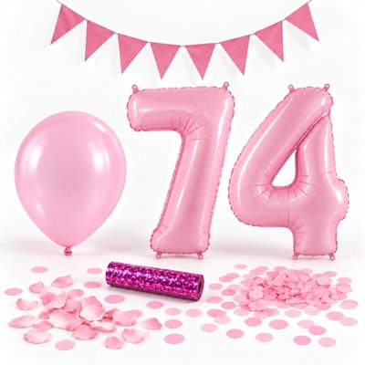 74-års festpaket, Rosa, Stor – paketets dekorationer på vit bakgrund