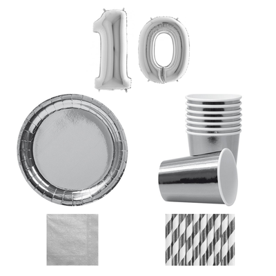 10-årskalas, Silver, kalaspaket, 8 gäster – sammansatt bild av paketets produkter