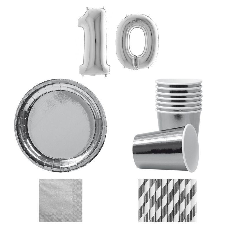 10-årskalas, Silver, kalaspaket, 8 gäster – sammansatt bild av paketets produkter