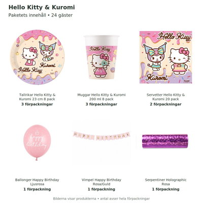 Hello Kitty & Kuromi – kalaspaket med dekorationer för 24 gäster – innehåll och antal