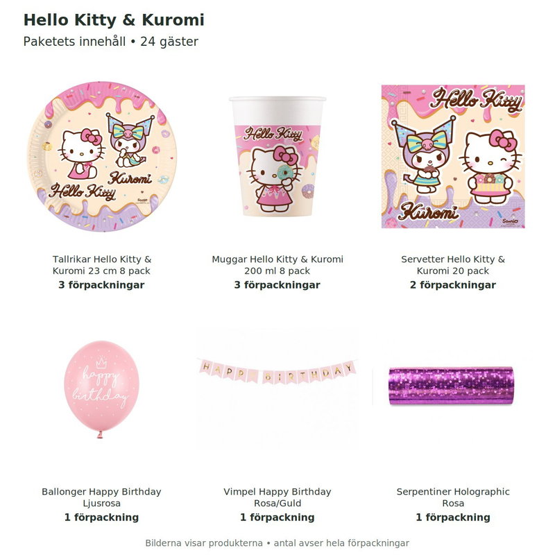 Hello Kitty & Kuromi – kalaspaket med dekorationer för 24 gäster – innehåll och antal