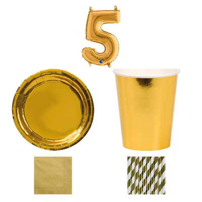 5-årskalas, Guld, kalaspaket, 8 gäster – sammansatt bild av paketets produkter