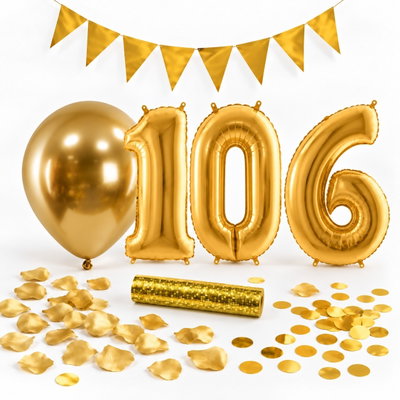 106-års festpaket, Guld, Stor – paketets dekorationer på vit bakgrund