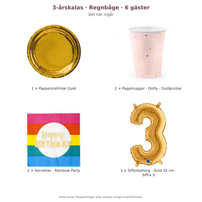 3-årskalas, Regnbåge, kalaspaket, 6 gäster – innehåll och antal förpackningar