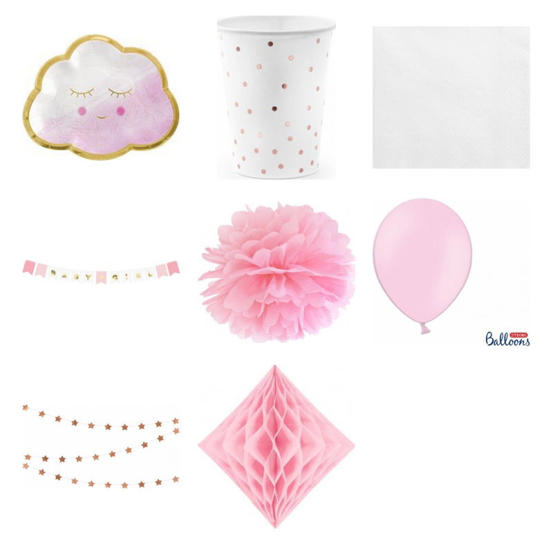 Babyshower flicka – rosa moln – fika och dekorationer, 12 gäster – produktöversikt
