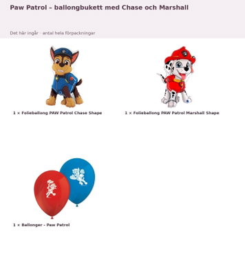 Paw Patrol – ballongbukett med Chase och Marshall – innehåll och antal