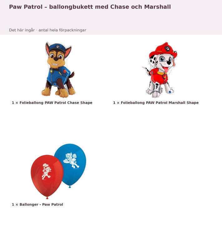 Paw Patrol – ballongbukett med Chase och Marshall – innehåll och antal