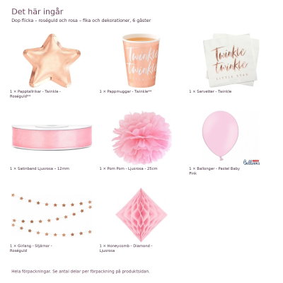 Dop flicka – roséguld och rosa – fika och dekorationer, 6 gäster – innehåll och antal förpackningar