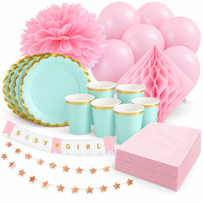 Babyshower flicka – mint och rosa – fika och dekorationer, 6 gäster – samlat paketinnehåll