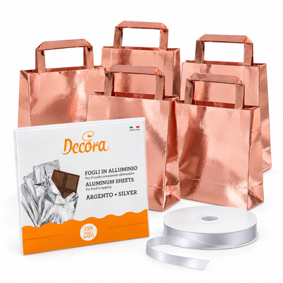 Produktöversikt: Chokladgåvor i fem påsar – folie och rosett