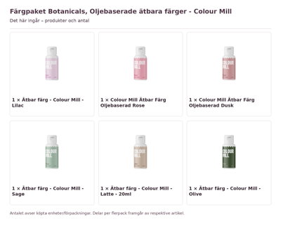 Färgpaket Botanicals, Oljebaserade ätbara färger - Colour Mill – innehåll och antal förpackningar