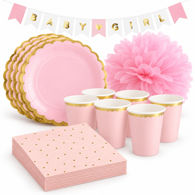 Babyshower flicka – rosa och guld – fikapaket, 6 gäster – samlat paketinnehåll