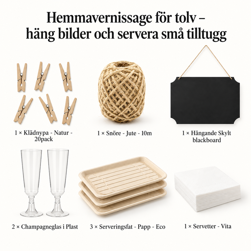 Hemmavernissage för tolv – häng bilder och servera små tilltugg – innehåll och antal försäljningsförpackningar