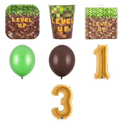 13-årskalas, Gamingkalas i pixeltema, kalaspaket, 8 gäster – översikt av ingående produkttyper