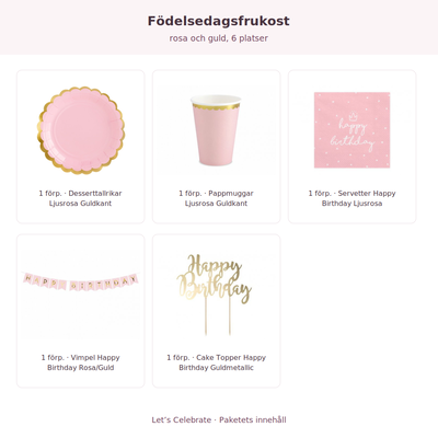 Födelsedagsfrukost – rosa och guld, 6 platser – exakt innehåll och antal förpackningar