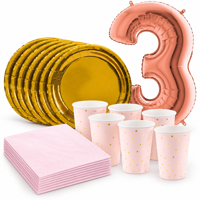 3-årskalas, Rosa och guld, kalaspaket, 6 gäster – samlat paketinnehåll